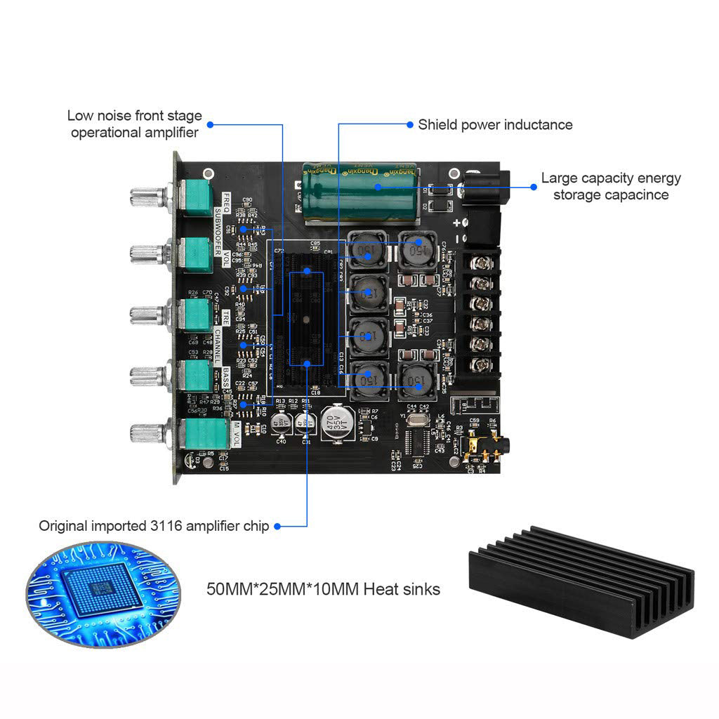 Bluetooth Audio Amplifier Board 2.1 Channel 2*50W+100W with Heat-dissipating Aluminum